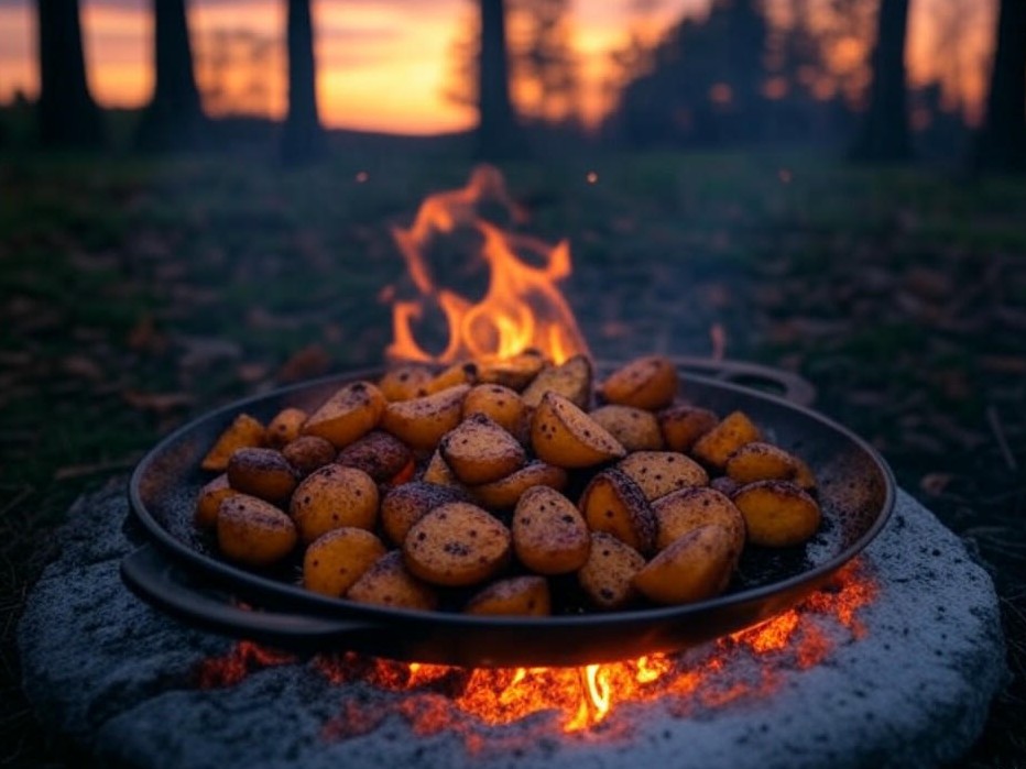 Photorealistic campfire recipe scene for Campfire Balsamic-Glazed Roasted Root Vegetables