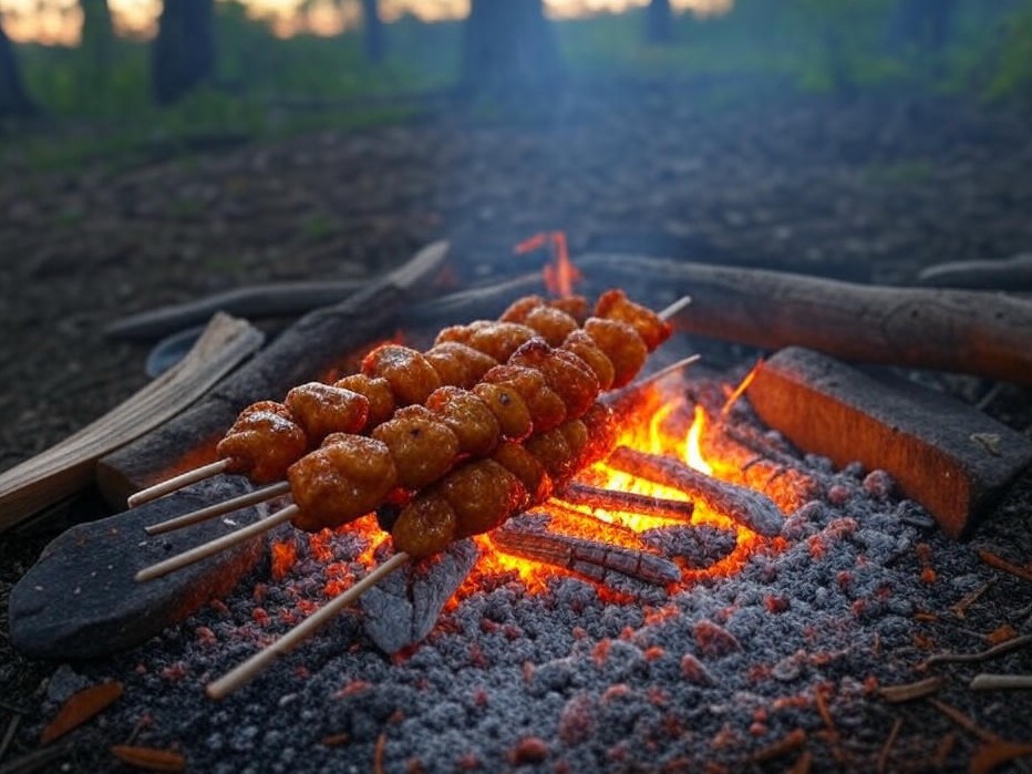 Photorealistic campfire recipe scene for Sizzling Campfire Chicken Skewers with BBQ Glaze