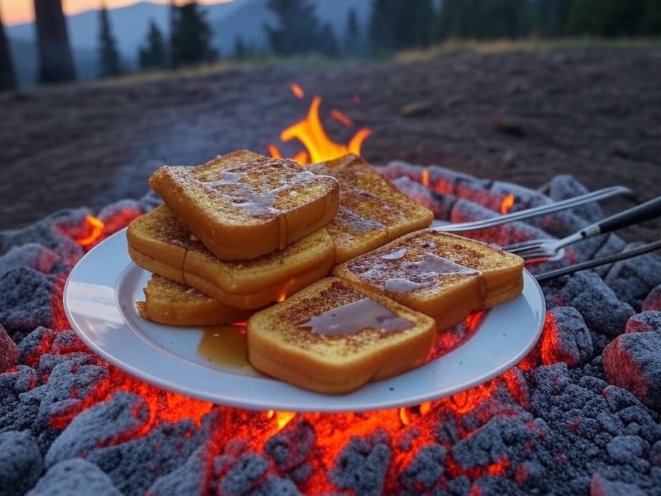 Photorealistic campfire recipe scene for Smoky Campfire French Toast with Maple Drizzle