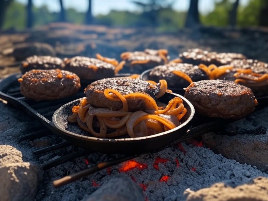 ORN Campfire Cookout: Smoky Charcoal-Grilled Campfire Burgers with Caramelized Onions