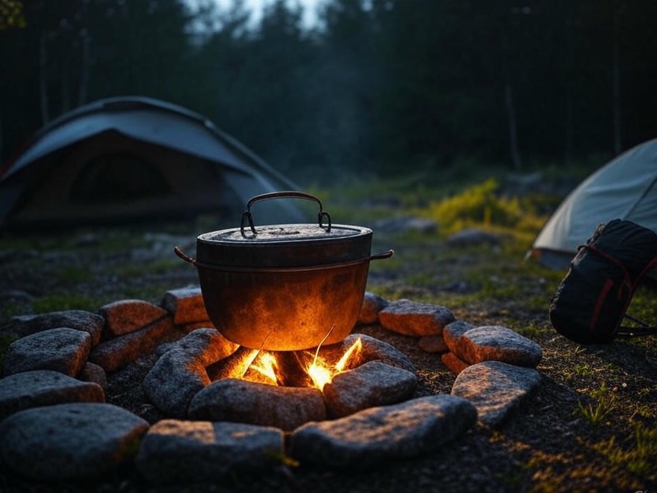 Photorealistic outdoor scene for Top 10 Outdoor Activities: Dutch Oven Cooking, Deer Stand Tips, and Ultralight Gear