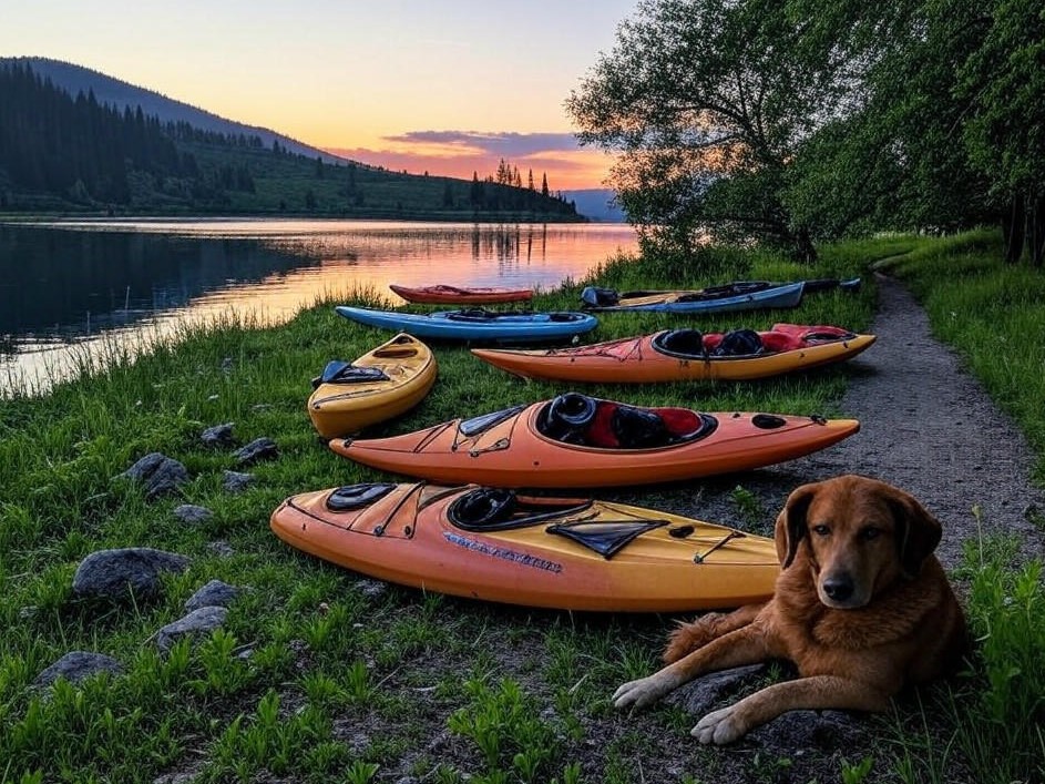 Photorealistic outdoor scene for Top 10 Outdoor Activities: Kayak Fishing, Trail Maintenance, and Hiking with Dogs