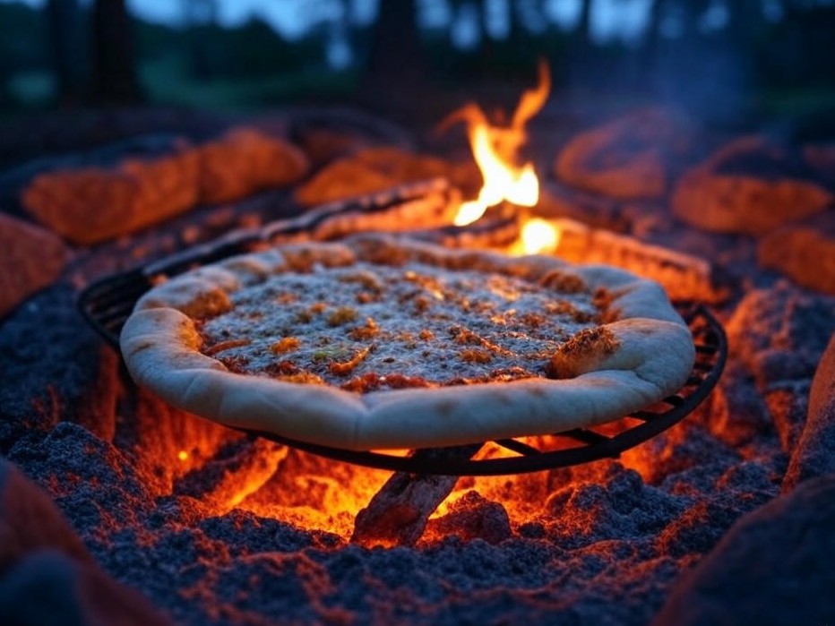 Photorealistic campfire recipe scene for Smoky Campfire Pita Pizzas with BBQ Glaze